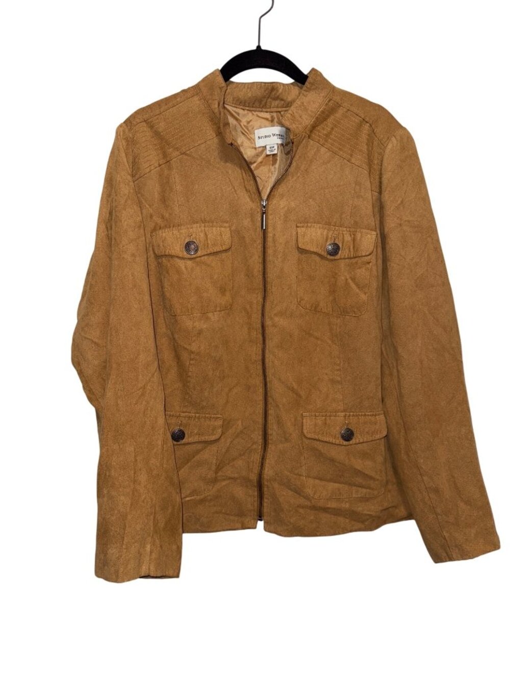 Studio Works Womens Camel Brown Faux Suede Jacket 18W  Zip Front Pockets